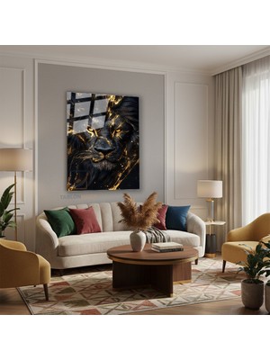 Tablonhazır Dikey Cam Tablo Salon Duvar Tablosu Dikey Cam Siyah Aslan 3 Yeni Ev Hediyesi Ofis Tablosu