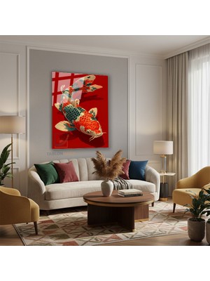 Tablonhazır Dikey Cam Tablo Salon Duvar Tablosu Dikey Cam Koi Kırmızı Mavi Yeni Ev Hediyesi Ofis Tablosu