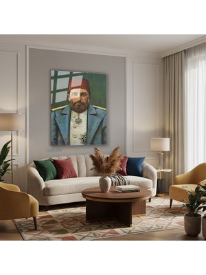 Tablonhazır Dikey Cam Tablo Salon Duvar Tablosu Dikey Cam Abdulhamit Portresi Yeni Ev Hediyesi Ofis Tablosu