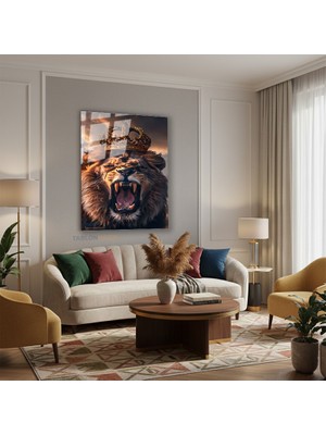 Tablonhazır Dikey Cam Tablo Salon Duvar Tablosu Dikey Cam Aslan Kral Yeni Ev Hediyesi Ofis Tablosu
