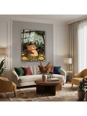 Tablonhazır Dikey Cam Tablo Salon Duvar Tablosu Dikey Cam Sevimli Ayi ve Ari Yeni Ev Hediyesi Ofis Tablosu