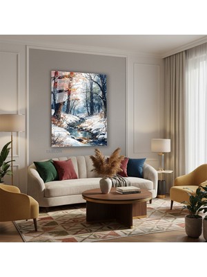 Tablonhazır Dikey Cam Tablo Salon Duvar Tablosu Dikey Cam Nehir ve Karliorman Yeni Ev Hediyesi Ofis Tablosu