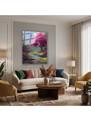 Tablonhazır Dikey Cam Tablo Salon Duvar Tablosu Dikey Cam Pembe Agac Irmak Yeni Ev Hediyesi Ofis Tablosu