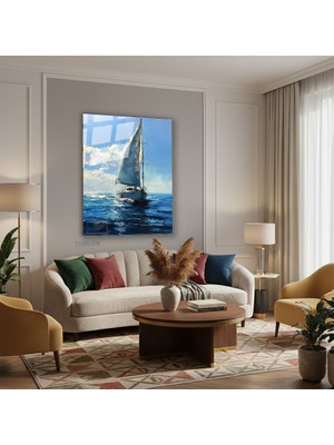 Tablonhazır Dikey Cam Tablo Salon Duvar Tablo Dikey Cam Yagliboya Gorunumlu Yelkenli Ev Hediyesi Ofis Tablo