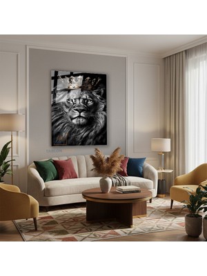 Tablonhazır Dikey Cam Tablo Salon Duvar Tablosu Dikey Cam Aslan Kral Siyah Beyaz Yeni Ev Hediyesi Ofis Tablosu
