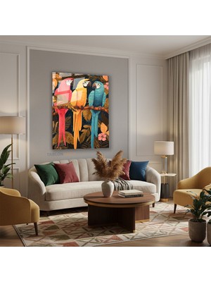 Tablonhazır Dikey Cam Tablo Salon Duvar Tablosu Dikey Cam Uc Papagan Yeni Ev Hediyesi Ofis Tablosu