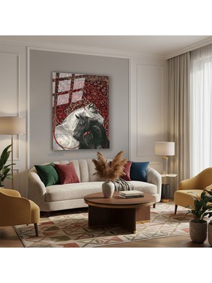 Tablonhazır Dikey Cam Tablo Salon Duvar Tablosu Dikey Cam Siyahbeyaz At Hali Yeni Ev Hediyesi Ofis Tablosu