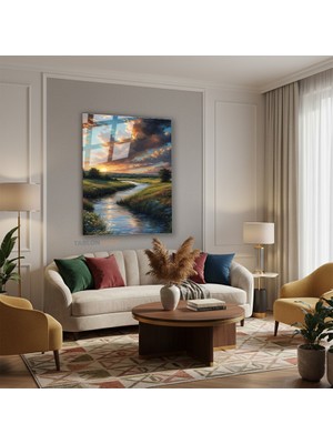 Tablonhazır Dikey Cam Tablo Salon Duvar Tablosu Dikey Cam Yesillik Nehir Yeni Ev Hediyesi Ofis Tablosu