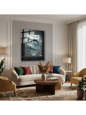 Tablonhazır Dikey Cam Tablo Salon Duvar Tablosu Dikey Cam Ucan Balina Yeni Ev Hediyesi Ofis Tablosu