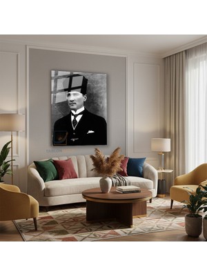 Dikey Cam Tablo Salon Duvar Tablosu Dikey Cam Karakalem Ataturk Yeni Ev Hediyesi Ofis Tablosu
