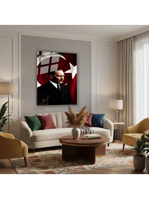 Tablonhazır Dikey Cam Tablo Salon Duvar Tablosu Dikey Cam Ataturk ve Bahrak Yeni Ev Hediyesi Ofis Tablosu