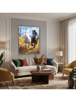 Tablonhazır Dikey Cam Tablo Salon Duvar Tablosu Dikey Cam Siyah Beyaz Kosan Atlar Yeni Ev Hediyesi Ofis Tablosu