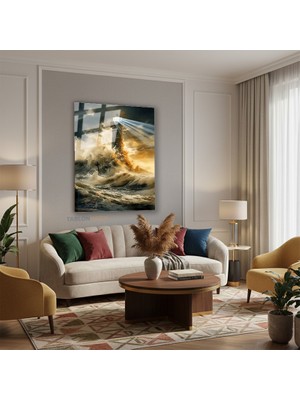Tablonhazır Dikey Cam Tablo Salon Duvar Tablosu Dikey Cam Deniz Feneri Dalgali Yeni Ev Hediyesi Ofis Tablosu