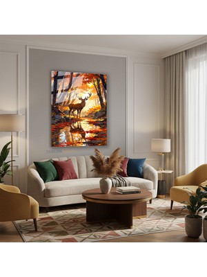 Tablonhazır Dikey Cam Tablo Salon Duvar Tablosu Dikey Cam Sonbahar Geyik Yeni Ev Hediyesi Ofis Tablosu