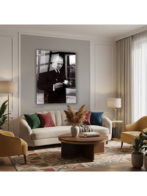 Tablonhazır Dikey Cam Tablo Salon Duvar Tablosu Dikey Cam Ataturk Fincan Tutarken Yeni Ev Hediyesi Ofis Tablosu
