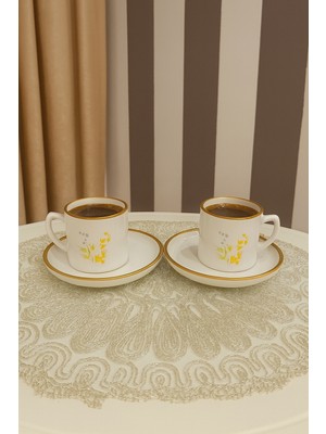 Miras Home Çift Taraf Renkli Çiçek Baskılı 2 Kişilik Porselen Kahve Seti, Kenarları Gold Detaylı Fincan Takımı