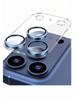 Fibaks iPhone 17 Pro Kılıf Safir Ar+Af Pürüzsüz Şeffaf Zeminli Lacivert Çerçeveli Tam Koruma Kamera Lens Koruyucu