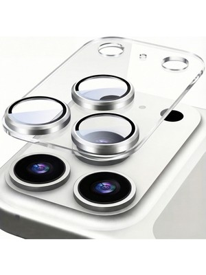 Fibaks iPhone 17 Pro Max Kılıf Safir Ar+Af Şeffaf Zeminli Gümüş Çerçeveli Tam Koruma Kamera Lens Koruyucu