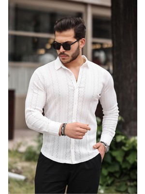 Zinox Erkek Uzun Kol Çapraz Delikli Özel Tasarım Desen Örme Kumaş Regular Kalıp Gömlek