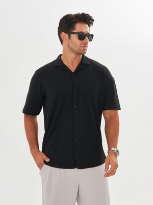 Zinox Erkek Kısa Kol Oversize Apaş Yaka Burgu Desen Rahat Gömlek