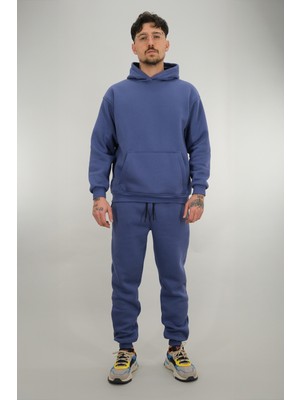 Souris Erkek İndigo Eşofman Takımı Rahat Kesim 3 Iplik Şardonlu Kapüşonlu Ipli Ribana Bel