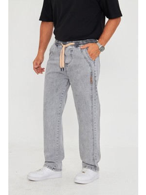 Masso Moda Erkek Baggy Yandan Parçalı Etiket Detaylı Düz Kot Pantolon 707