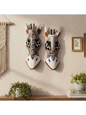 Uretti - Okay 5711 6309 Zürafa Mask Ahşap Duvar Dekoru 2'li Set  - 30 cm