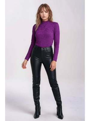 Mamayaga Kadın Yarım Balıkçı Yaka Uzun Kol Kendinden Dokulu Tesettüre Uygun Şık Dokulu Bluz