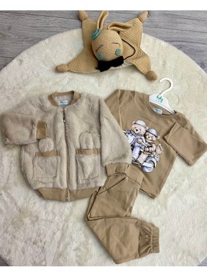 Erkek Bebek 3 Lü Peluş Hirkali Alt Üst Takım