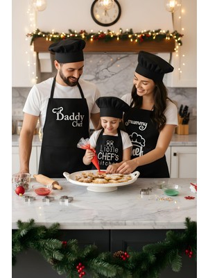 Dolce Anne-Çocuk-Baba Mutfak Önlük Seti - Şapkalı - Siyah Önlük-Beyaz Baskı