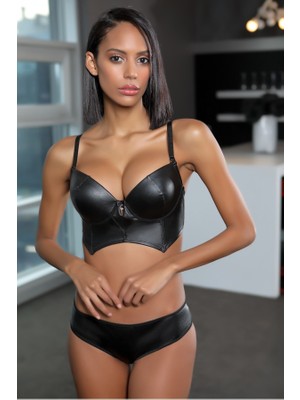 Moonlight 323 Deri Görünümlü Sütyen ve Külot Takımı Destekli Siyah
