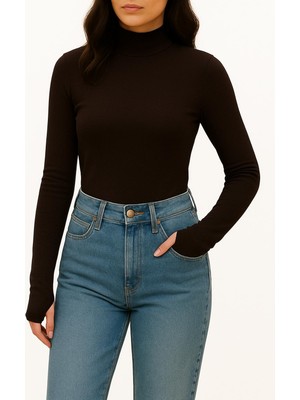 Hayalet Yumuşak Dokulu Pamuk Dokuma Uzun Kol Dik Yaka Parmak Geçmeli Body Modal T-Shirt