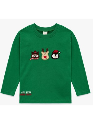 Koton Pamuklu Uzun Kollu Bisiklet Yaka Yılbaşı Baskılı Tişört