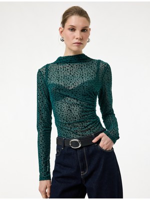 Koton Slim Fit Uzun Kollu Geniş Dik Yaka Puantiyeli Tül Bluz