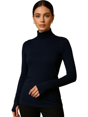 Hayalet Yumuşak Dokulu Pamuk Dokuma Uzun Kol Dik Yaka Parmak Geçmeli Body Modal T-Shirt