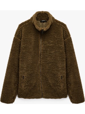 Koton Uzun Kollu Fermuarlı Cepli Dik Yaka Peluş Ceket