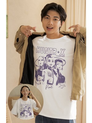Fuddy Moda Unisex Takedown Huntrix Baskılı Tişört, Oversize Kpop Demon Hunters Temalı Beyaz T-Shirt