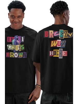 Fuddy Moda Unisex 11:11 Sırt Baskılı Tişört, Oversize Chris Brown Yazılı Bisiklet Yaka T-Shirt