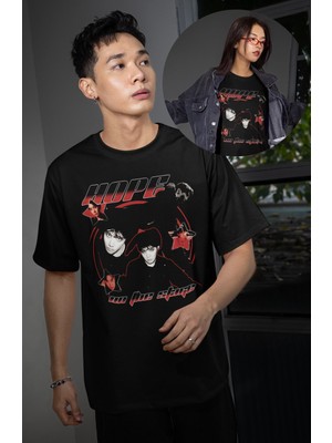 Fuddy Moda Unisex Hope On The Stage Baskılı Tişört, Oversize Kpop Band Bts Temalı Bisiklet Yaka T-Shirt