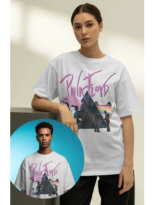 Fuddy Moda Unisex Pink Floyd Yazılı Tişört, Oversize Rock Band Baskılı Bisiklet Yaka T-Shirt