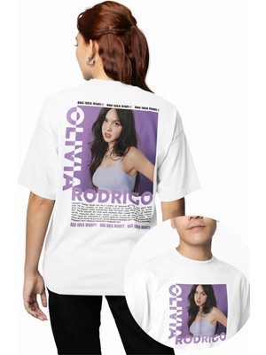 Fuddy Moda Unisex Bad Idea Right Sırt Baskılı Tişört, Oversize Olivia Rodrigo Temalı Bisiklet Yaka T-Shirt