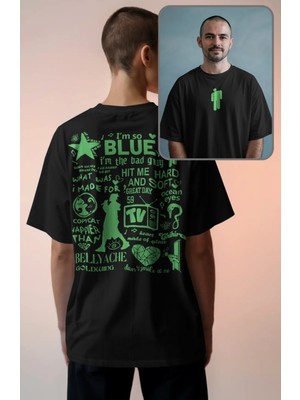 Fuddy Moda Unisex Green Billie Eilish Sırt Yazılı Tişört, Oversize Billie Logo Baskılı T-Shirt