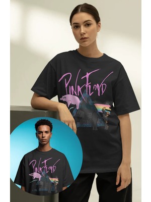 Fuddy Moda Unisex Pink Floyd Yazılı Tişört, Oversize Rock Band Baskılı Bisiklet Yaka T-Shirt