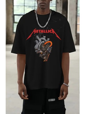 Fuddy Moda Unisex Machine Metallica Baskılı Tişört, Oversize Rock Grubu Temalı Bisiklet Yaka T-Shirt