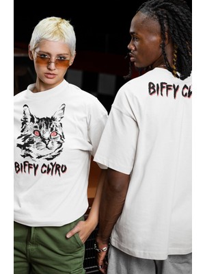 Fuddy Moda Unisex Biffy Clyro Cat Ense Baskılı Tişört, Oversize Rock Band Temalı Bisiklet Yaka T-Shirt