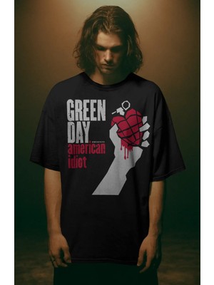 Fuddy Moda Unisex Green Day Baskılı Siyah Tişört, Oversize Punk Rock Müzik Temalı Bisiklet Yaka T-Shirt