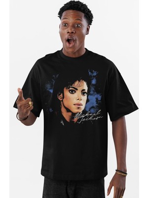 Fuddy Moda Unisex Michael Jackson Baskılı Siyah Tişört, Oversize Müzik Temalı Bisiklet Yaka T-Shirt