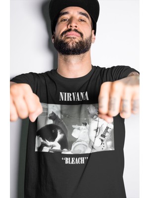 Fuddy Moda Unisex Nirvana Bleach Baskılı Tişört, Oversize Rock Band Kedi Temalı Bisiklet Yaka T-Shirt