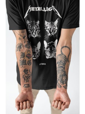 Fuddy Moda Unisex Cat Metallica Baskılı Tişört, Oversize Rock Band Temalı Bisiklet Yaka T-Shirt