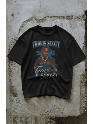 Fuddy Moda Unisex Power Travis Scott Baskılı Tişört, Oversize Rapper Temalı Bisiklet Yaka T-Shirt